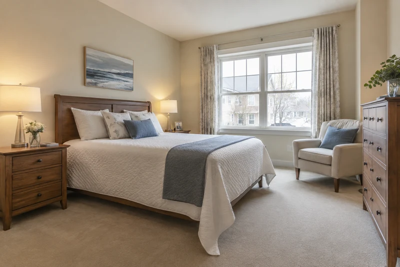 Accessible senior apartment bedroom with ordinary queen bed and generous circulation space