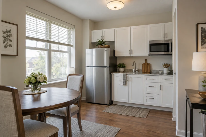 Independent living apartment kitchenette and small dining table