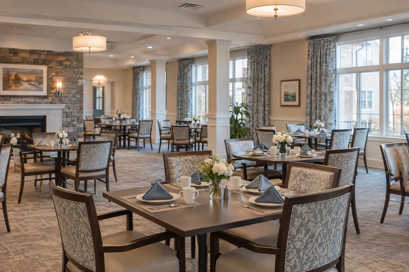 Senior community dining room with neatly set four-person tables