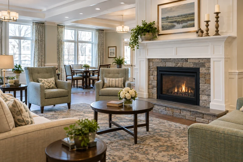 Bright community lounge with fireplace and supportive armchairs
