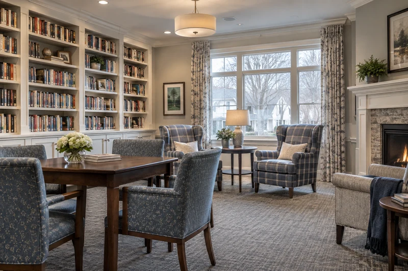 Library reading room with bookshelves and upright upholstered chairs