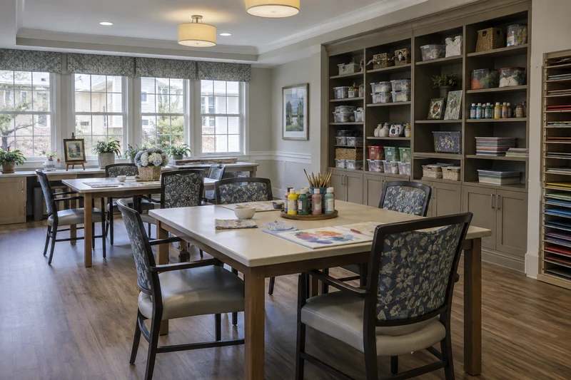 Activity room with craft tables and neatly stored supplies