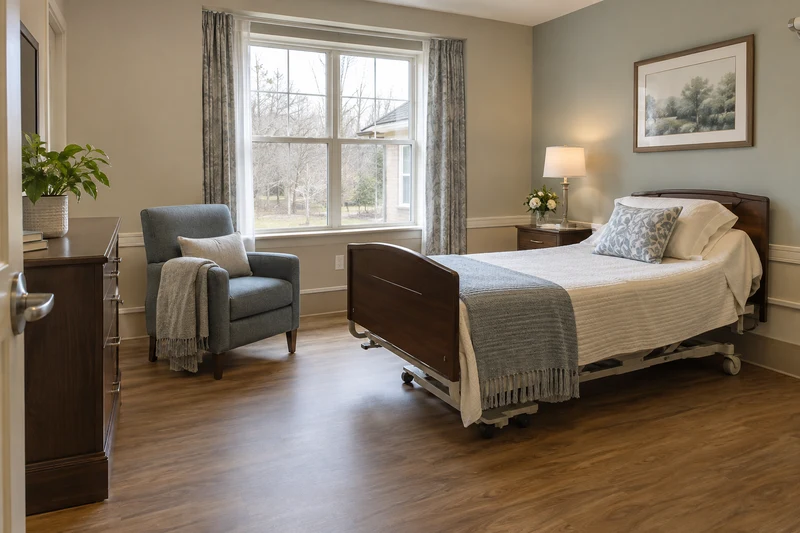 Nursing facility private room with adjustable care bed and visitor chair, no medical clutter