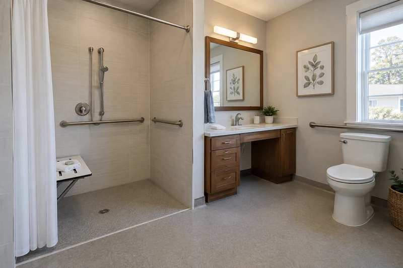 Accessible bathroom with roll-in shower, grab bars and nonslip floor