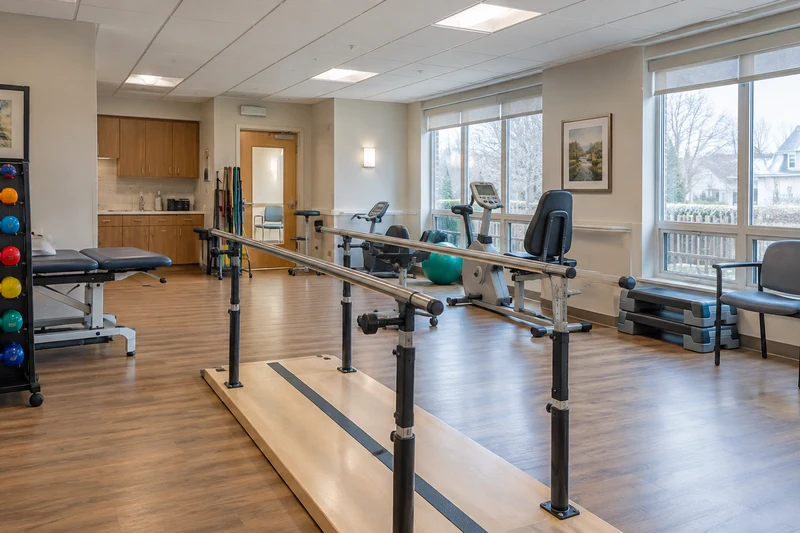 Physical rehabilitation room with parallel bars and exercise equipment