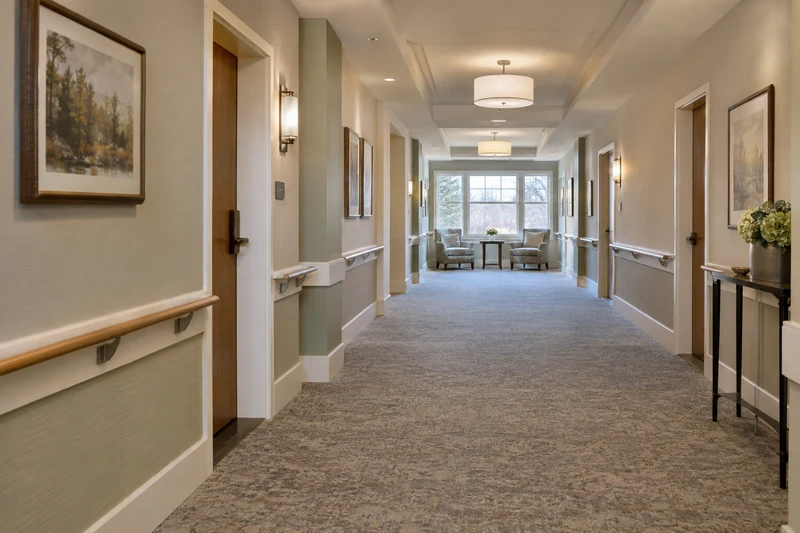 Assisted living corridor with handrails and residential finishes